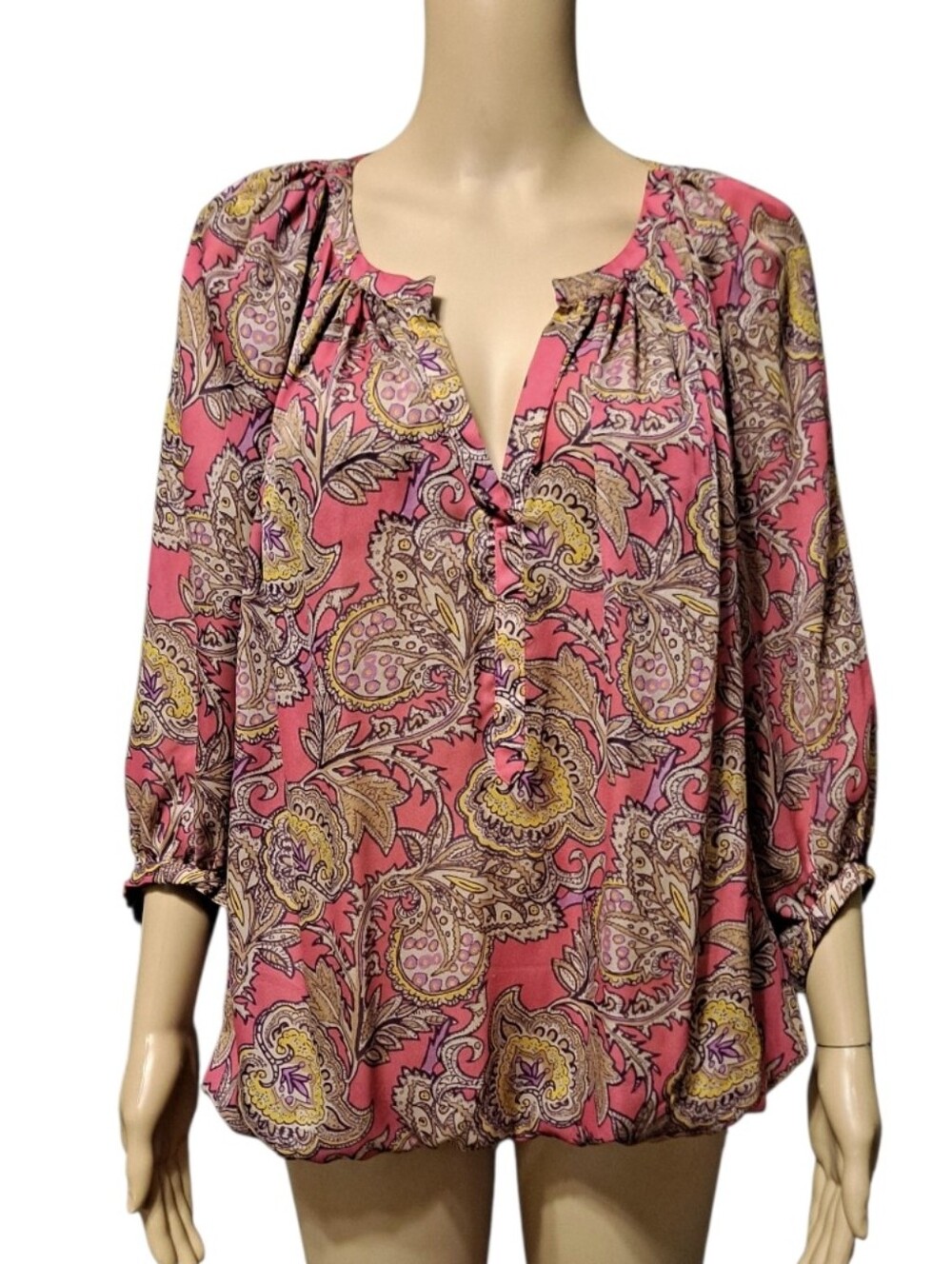 LOFT Semisheer Pink Paisley Peasant Blouse With Elastic Hem